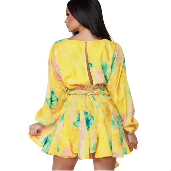 L’Atiste After Glow Tie Dye Rainbow Faux Wrap Belted Flare Skater Mini Dress - Picture 5 of 10